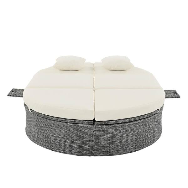 Unbranded 2 Seater Wicker Outdoor Sunbathing Patio Sectional Sofa Bed with Adjustable Backrest, Beige Seat Cushion and Pillows