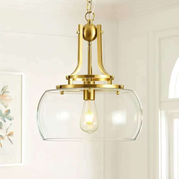 Lumeo 14 in. 1-Light Modern Farmhouse Brass Pendant with Clear Glass Shade