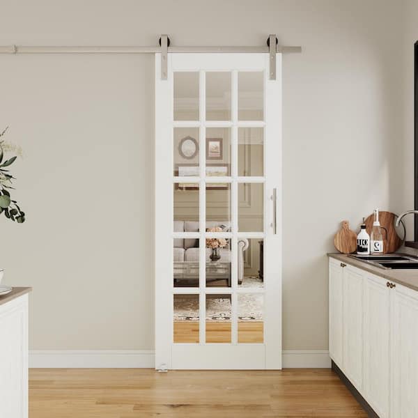 32 in. x 80 in. 15-Lite Tempered Clear Glass White Primed MDF Sliding Barn Door with Hardware Kit Nickel Plated