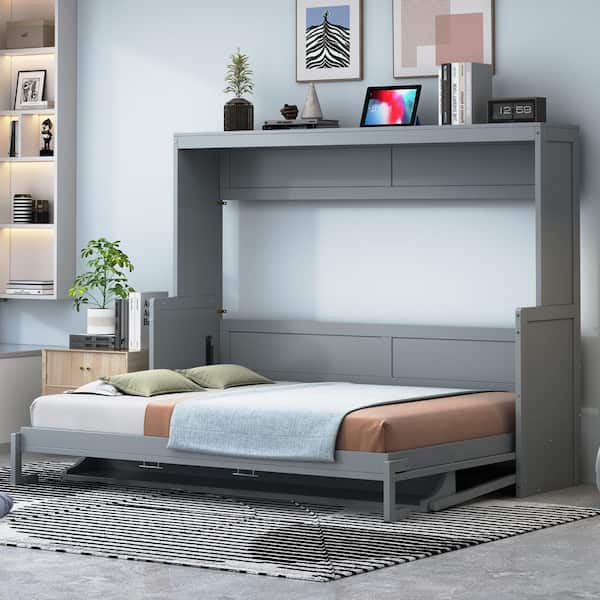 Gray Wood Frame Full Size Murphy Bed with a Storage Shelf