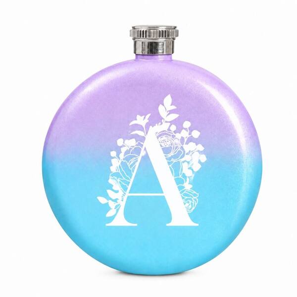 5 oz Round Stainless Steel Hip Flask with Gradient Purple Blue Finish and White Floral Initial, Gift Box