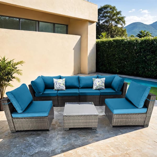 Unbranded 7-Piece Brown Wicker Outdoor Sectional, Rattan Outdoor Patio Set with Peacock Blue Cushions, Pillows and Coffe Table