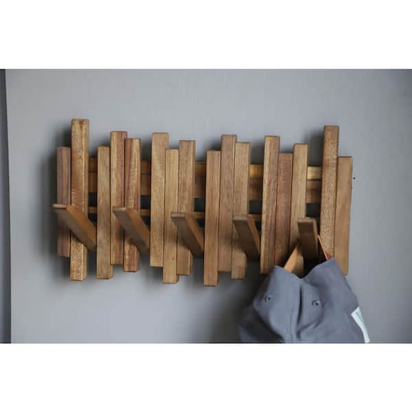 5 Hooks Brown Wall Mounted Piano Coat Rack, Acacia Wood Coat Rack Wall Art Mount