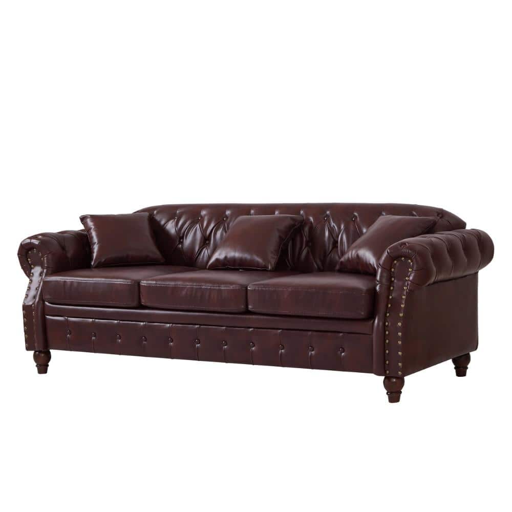 Classic Chesterfield 85.8 in. Wide Round Arm Faux Leather Tufted Storage Sofa in Burgundy durable construction price history on PriceWatchPro