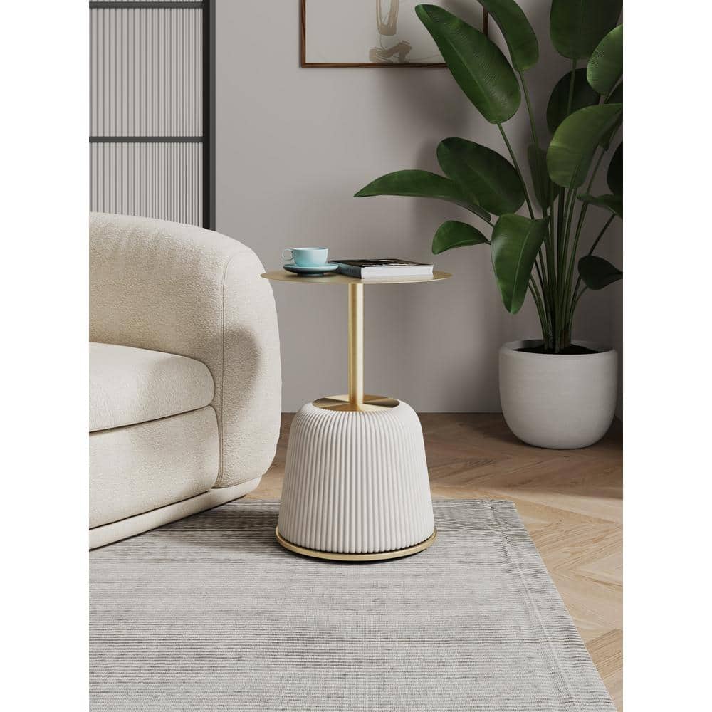 Cream and Gold Round Metal Accent Table with Ridged Base