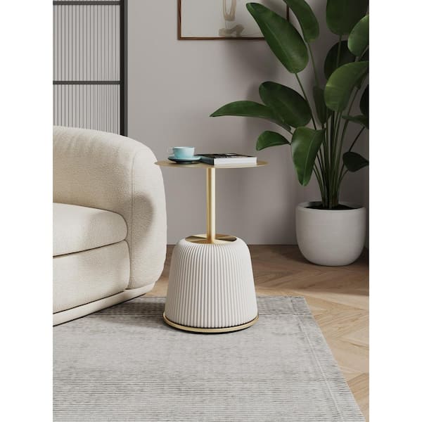 Anderson Modern 15.75 in. Cream Round Metal Faux Leather Upholstered End Table
