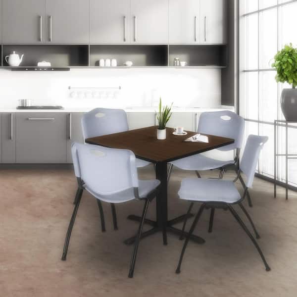 Cain 42 in. Neo Walnut Square Breakroom Table Desk and 4 M Stack Chairs-Grey