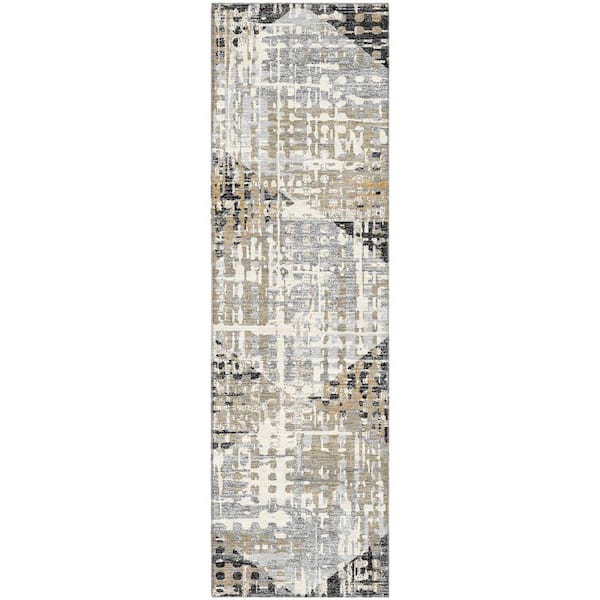 Mayfield Premium Machine Washable Abstract AMF2116 Black 2 ft. x 7 ft. Runner Rug