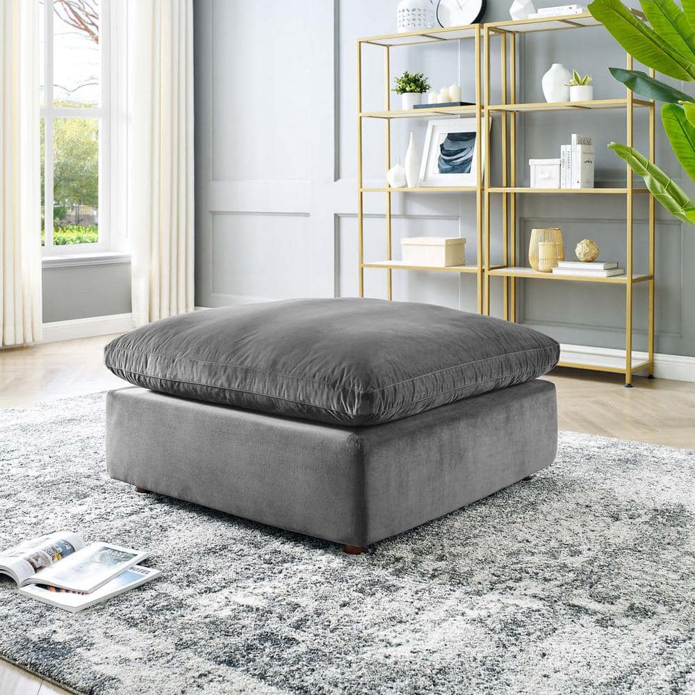 Luxurious Gray Performance Velvet Overstuffed Ottoman