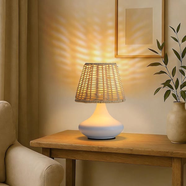 8 in. White Dimmable LED Table Lamp with USB Port and Rattan Shade