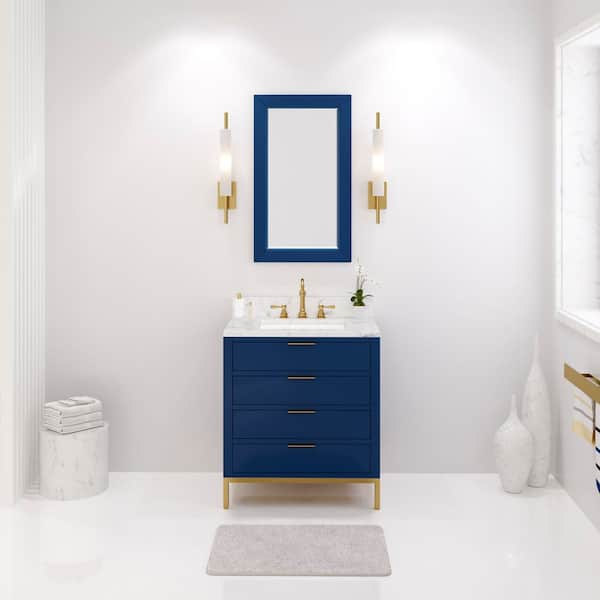 Water Creation Bristol 30 in. W x 34 in. H x 21.5 in. D Single Sink Bath Vanity in Blue with Carrara White Marble Top and Hook Faucet