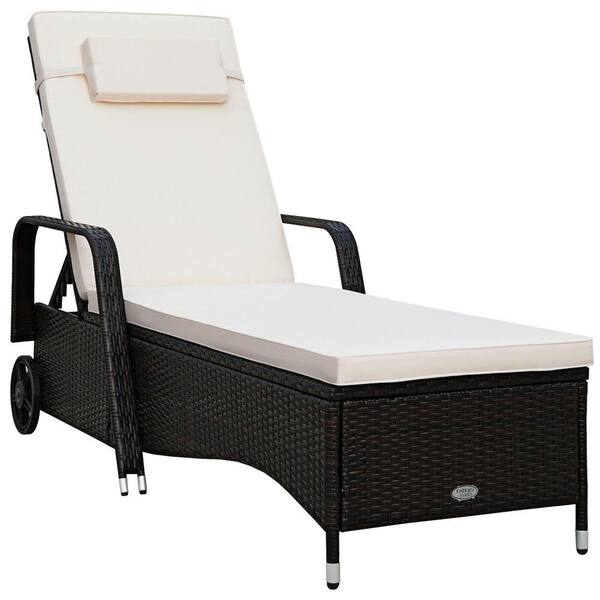 ANGELES HOME 79 in. L PE Wicker Patio Outdoor Chaise Lounge Sun Lounge with Beige Cushion and Wheels