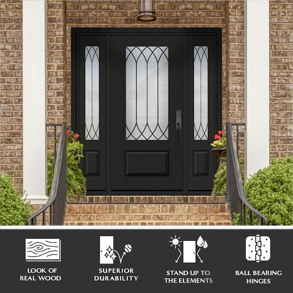 Regency 68 in. x 80 in. 3/4-Lite Spire Decorative Glass LHIS Onyx Mahogany Fiberglass Prehung Front Door w/Dbl 14 in. SL