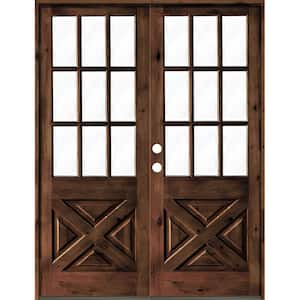 64 in. x 96 in. Knotty Alder 2-Panel Right-Hand/Inswing Clear Glass Red Mahogany Stain Double Wood Prehung Front Door