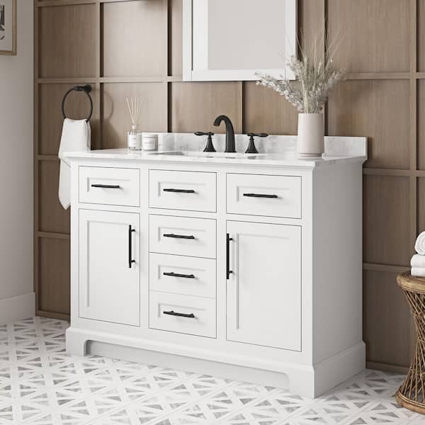 Doveton 48 in. Single Sink Freestanding White Bath Vanity with White Engineered Marble Top (Assembled)