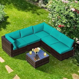 6-Piece Rattan Patio Furniture Set Cushioned Sofa Coffee Table Garden with Turquoise Cushion