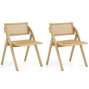 Natural Wood Foldable Dining Chairs Set of 2 with Woven Rattan Backrest & Seat Rubber Wood Frame