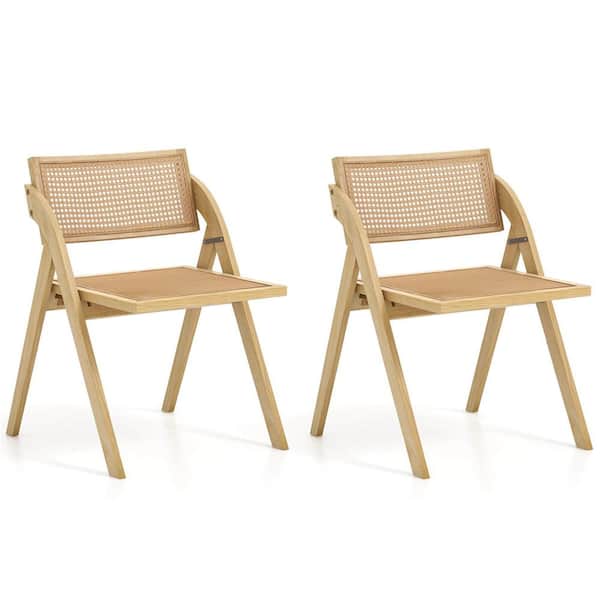 Costway Natural Wood Foldable Dining Chairs Set of 2 with Woven Rattan Backrest and Seat Rubber Wood Frame