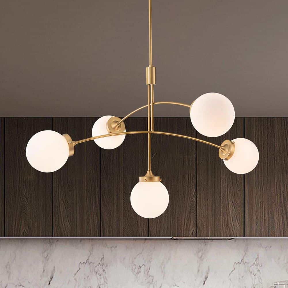 5 Light Brushed Gold Mid-Century Sputnik Chandeliers Fixture for Kitchen Island with Glass Globe Shade, No Bulb Included price history on PriceWatchPro