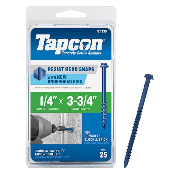 1/4 x 3-3/4" Hex Head Stainless Steel Concrete Screw Tapcon 25 pack 