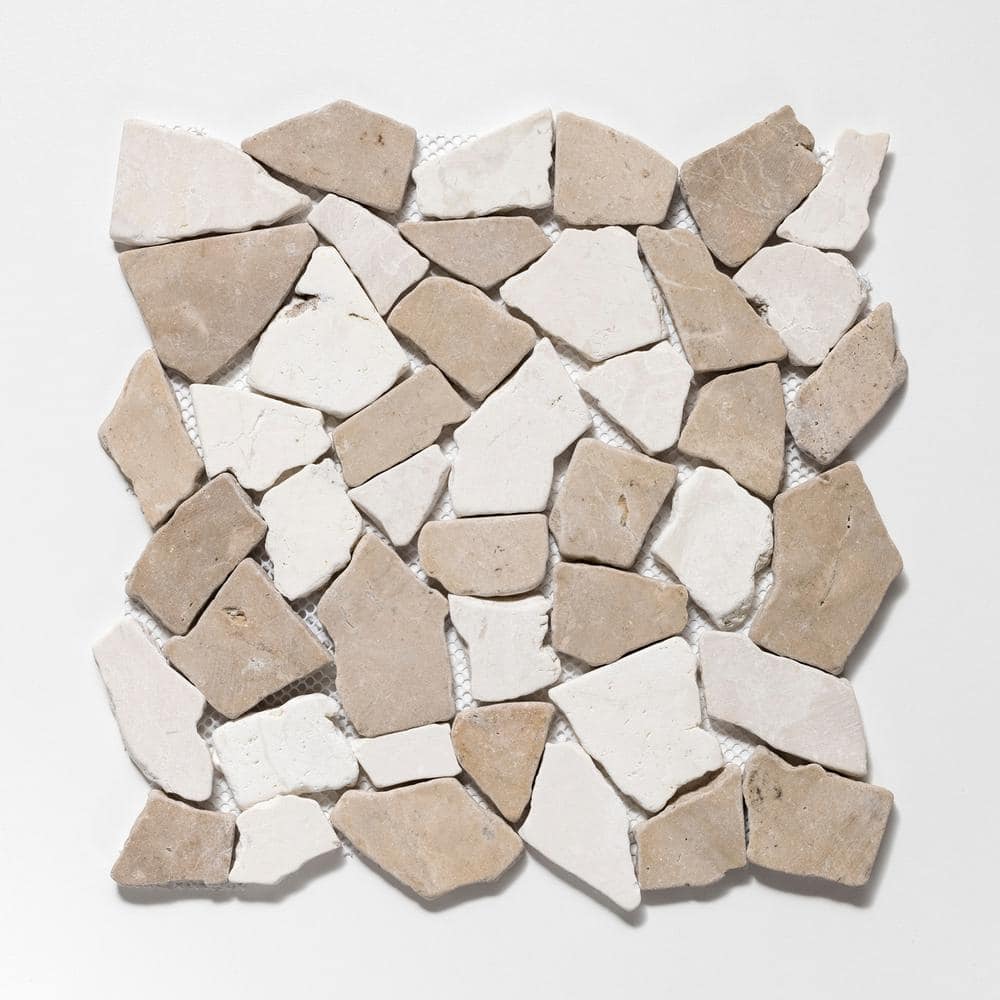 11" x 11" Tan and White Tumbled Marble Mosaic Tile