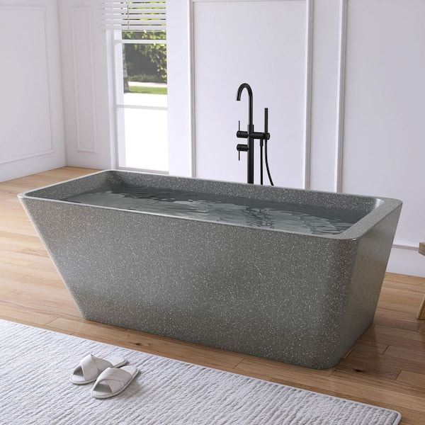 65 in. x 30 in. Terrazzo Stone Solid Surface Flatbottom Freestanding Soaking Bathtub in Gray (Outdoor-Compatible)