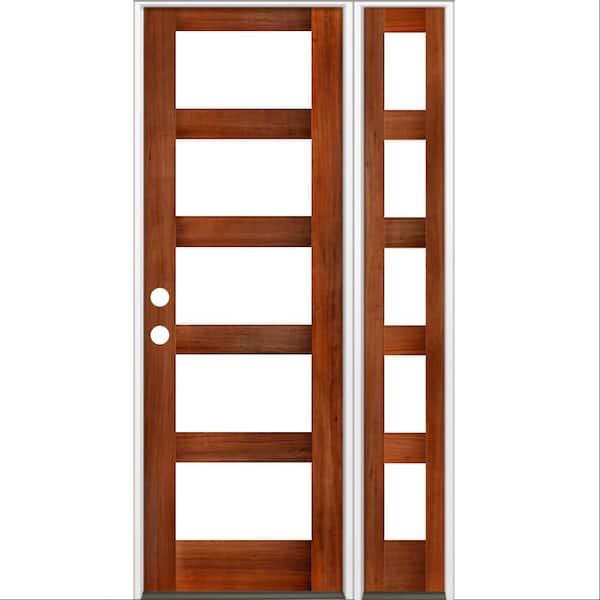 Krosswood Doors 50 in. x 96 in. Modern Hemlock Right-Hand/Inswing 5-Lite Clear Glass Red Chestnut Stain Wood Prehung Front Door