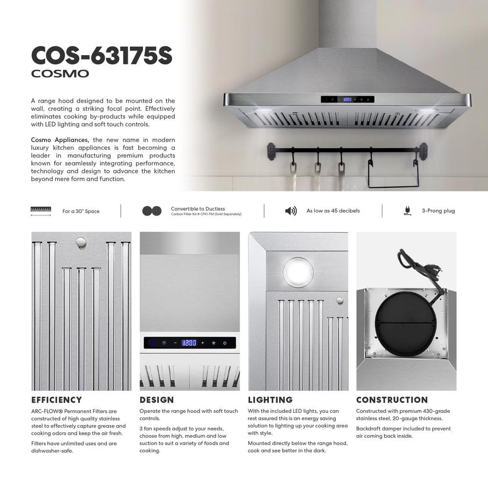 30-Inch Stainless Steel Wall-Mount Convertible Range Hood