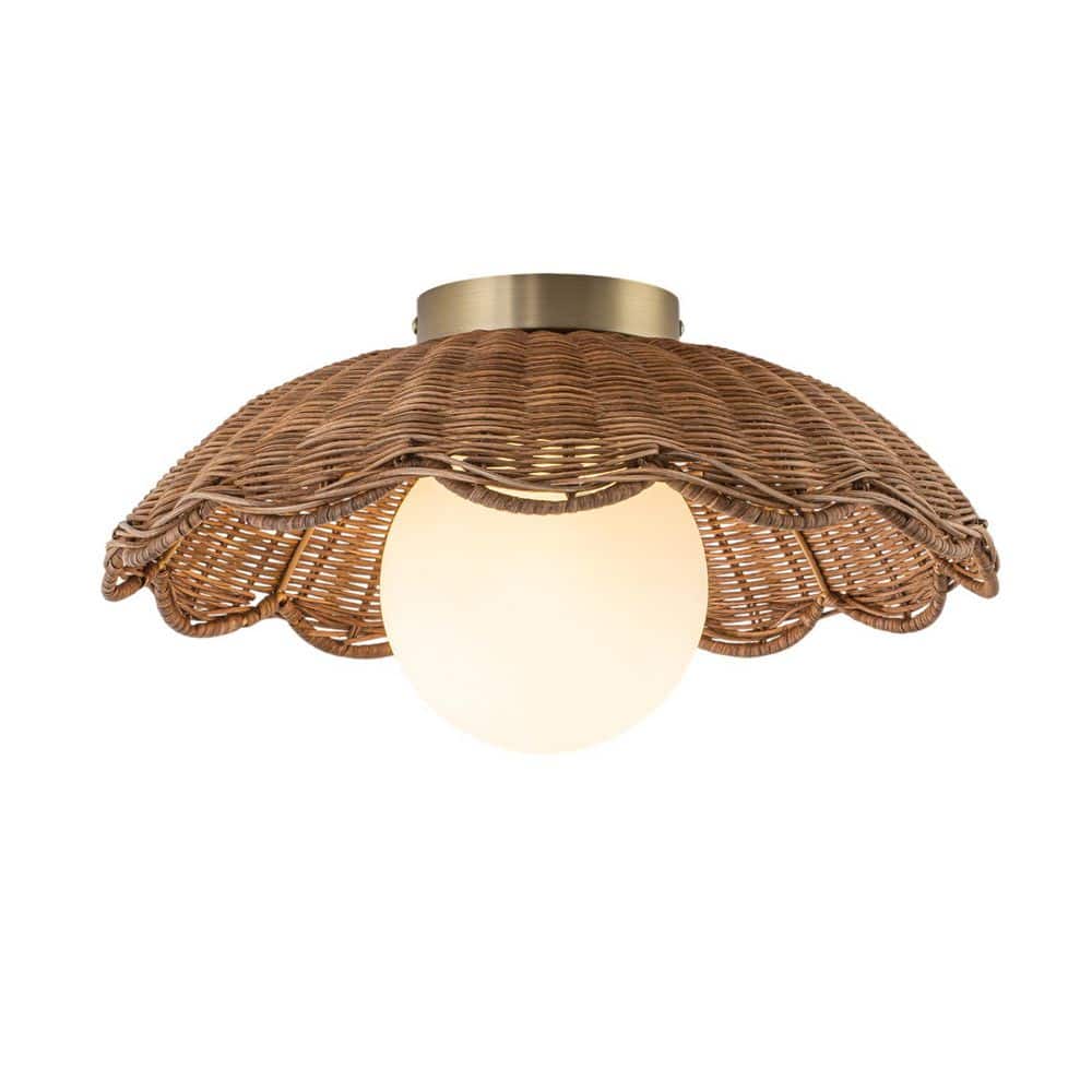 15.75 in. 1-Light Boho Bowl Brushed Brass Rattan Semi-Flush Mount with Opal Etched Glass Shade for Foyer price history on PriceWatchPro