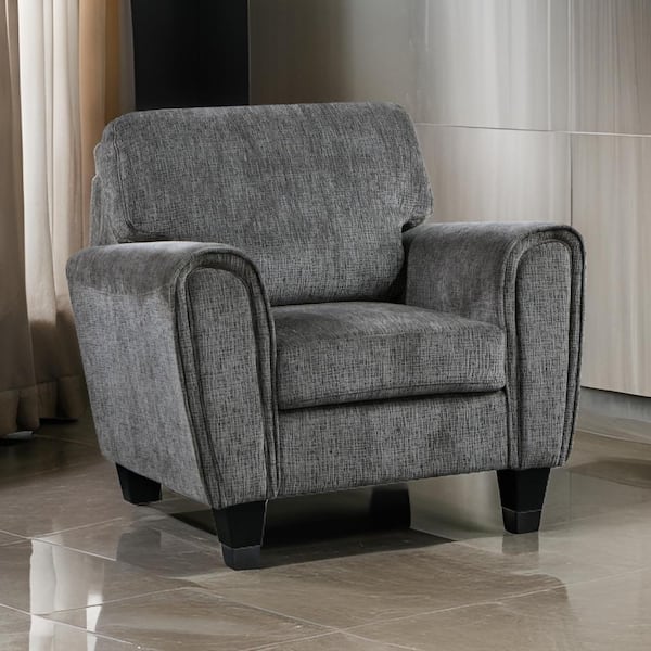 Benjara Gray and Black Chenille Arm Chair with Soft Cushions, Track Arms, Wood