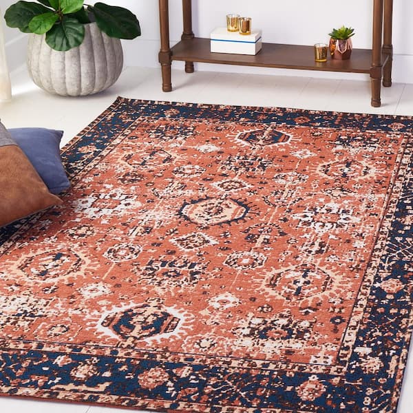 Easy Care Red/Navy 4 ft. x 6 ft. Machine Washable Border Medallion Geometric Area Rug