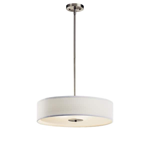 KICHLER 20 in. 3-Light Brushed Nickel Transitional Fabric Shaded Kitchen Convertible Pendant Hanging Light to Semi-Flush