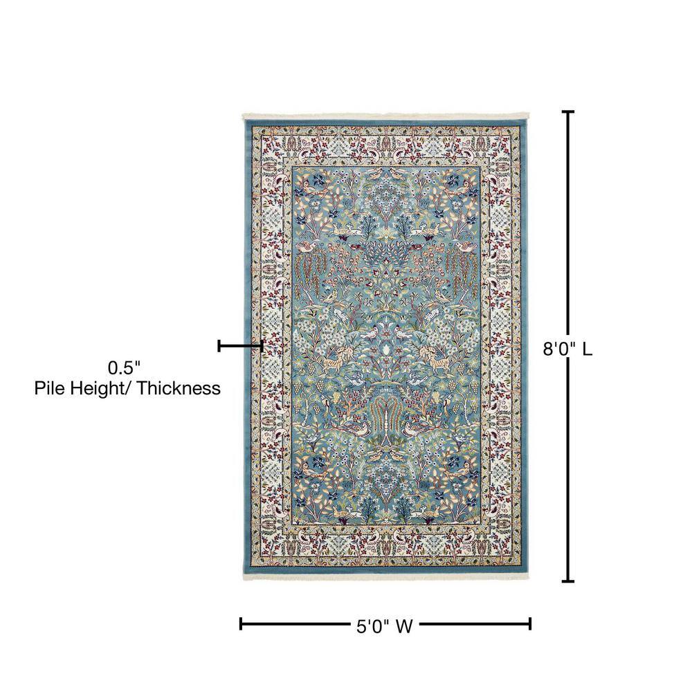 Elegant Blue Floral Rectangular Indoor Rug 5' x 8'