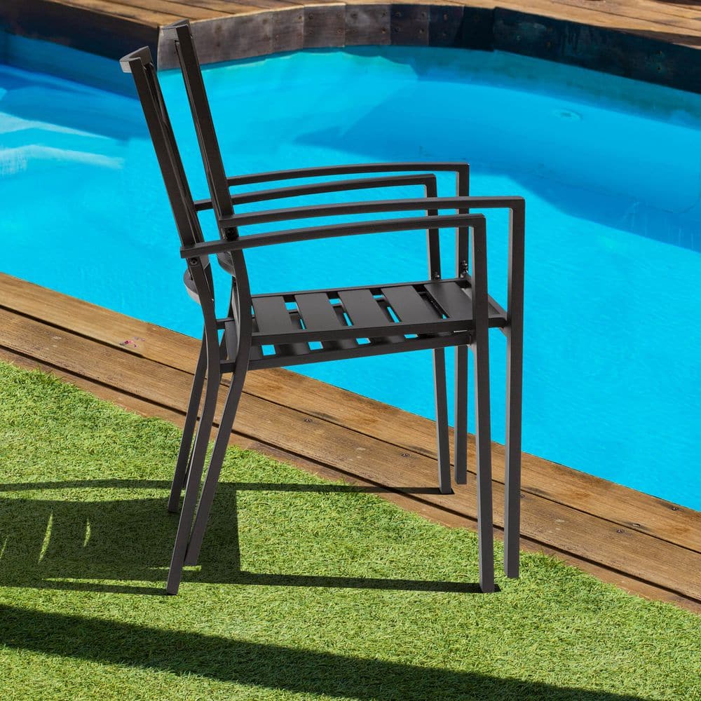 Black Iron Stackable Outdoor Patio Chairs with Lattice Design (2-Pack)