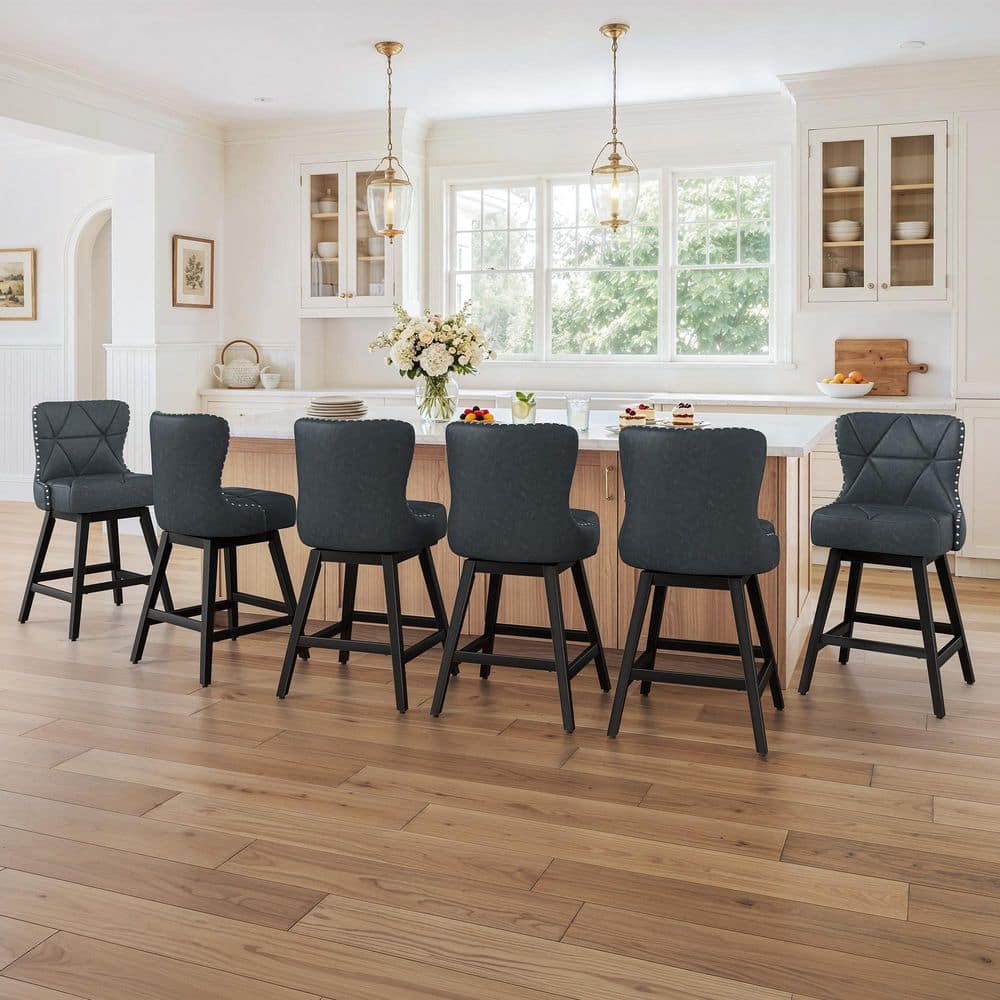Zolar 26 in. Gray Blue Faux Leather Swivel Bar Stool Metal Leg Upholstered Nailhead Trim Bar Chair (set of 6) price history on PriceWatchPro