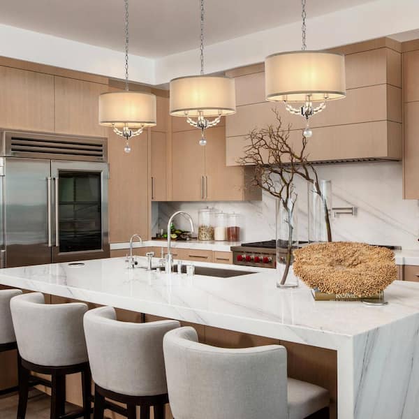 TOZING 3-Light Modern Cottage Drum Organza Fabric Lampshade Pendant with Wide Clear Crystal Beads Sheer Ceiling Light Fixture
