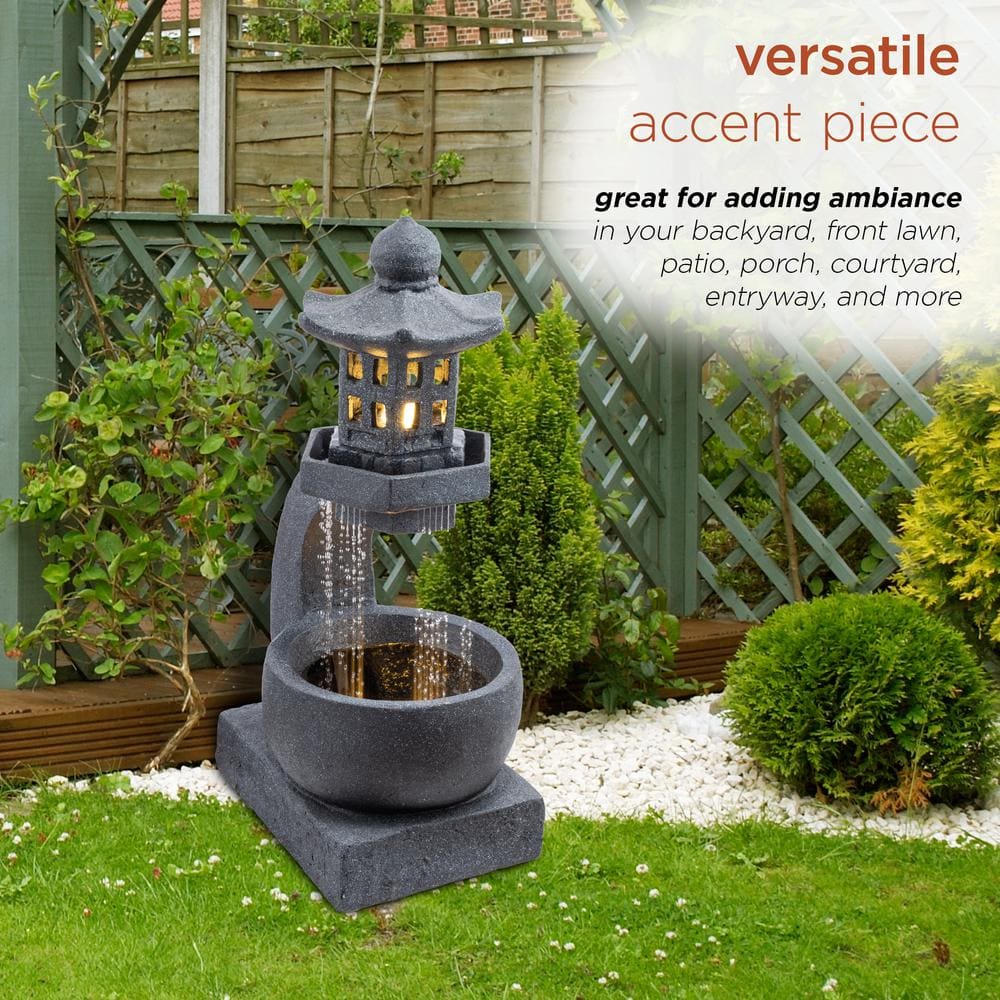 Gray Cement Zen Pagoda Fountain with LED Lights, 31"