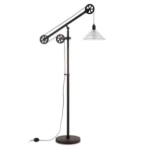 Descartes 70 in. Blackened Bronze Floor Lamp with Pulley System and Ribbed Glass Shade