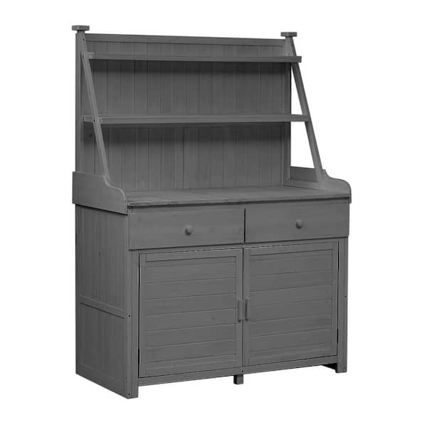 Oyezvary 47.2 in. W x 65 in. H Garden Potting Bench Table, Fir Wood Workstation with Storage Shelf, Drawer and Cabinet in Gray