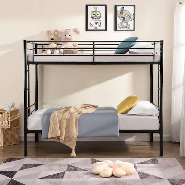 Black Over Twin Metal Bunk Bed Sturdy Space Saving Design with Safe Stairs No Box Spring Needed