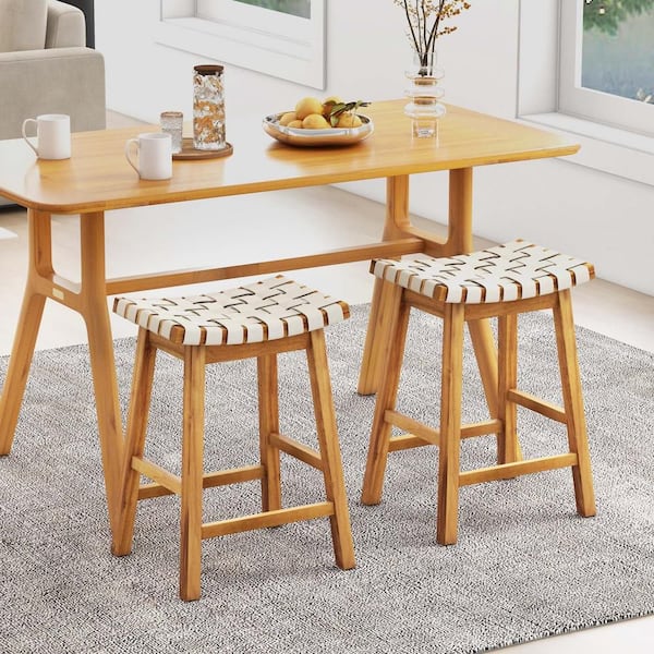 Costway 25.5 in. Beige Woven Saddle Bar Stools PU Leather Counter Height Kitchen Stool (Set of 2)