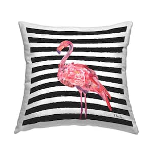 Bold Flamingo Flower Stripes Pink Square Outdoor Throw Pillow