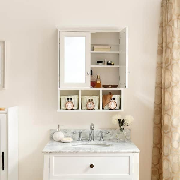 HOMCOM Over-The-Sink Bathroom Storage Organizer Cabinet with Mirrored Door and Multiple Shelves, White