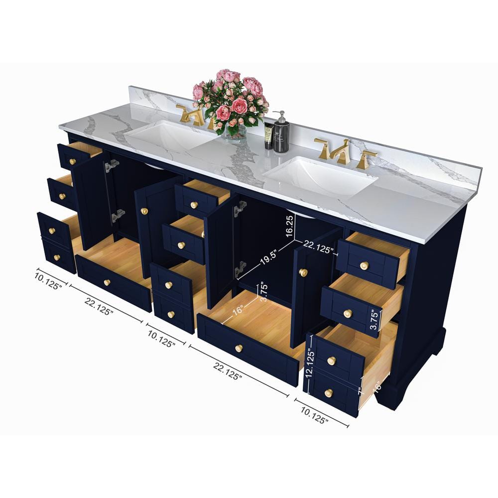 Audrey 84'' Heritage Blue Double Vanity with Calacatta Quartz Top