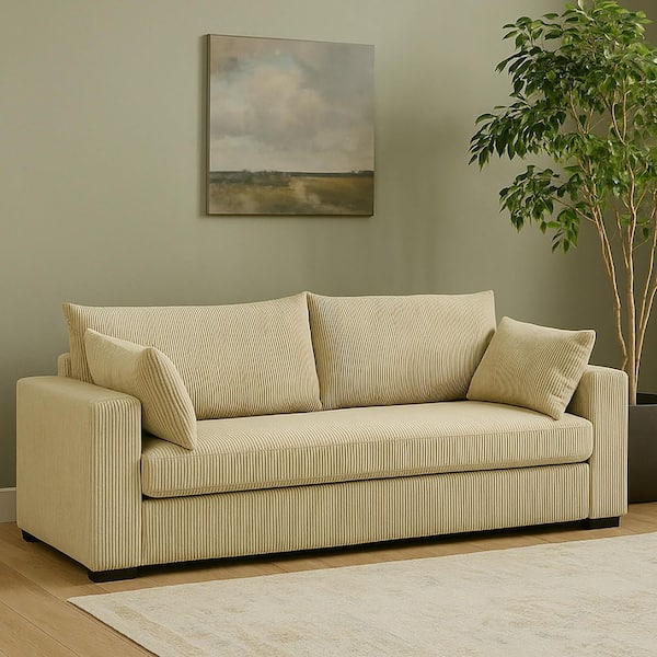 79 in. Contemporary Corduroy Square Arm 2-Seat Sofa with Two Pillows and Soft Back in Cream