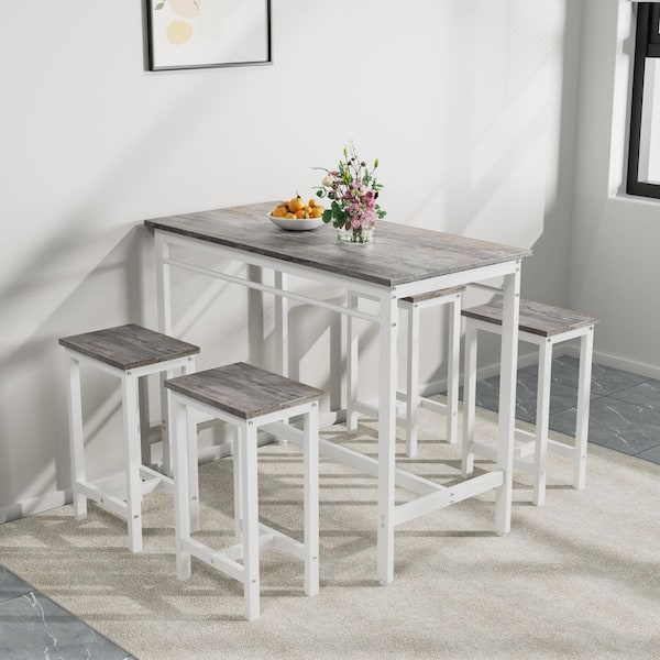 Modern Grey 5-Piece Wood Bar Table Set for Indoor/Garden-One Space-Saving and Stylish Bar Table with 4-Stools