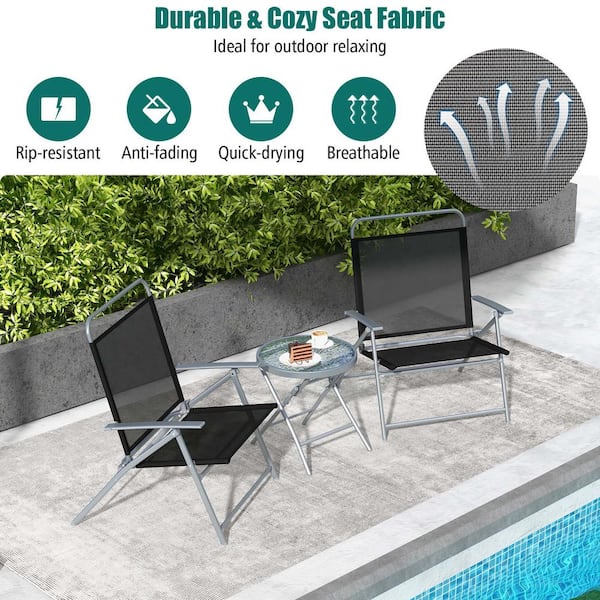 3-Piece Outdoor Folding Table Chair Set Metal Patio Conversation Set Extra-Large Seat Metal Frame Portable
