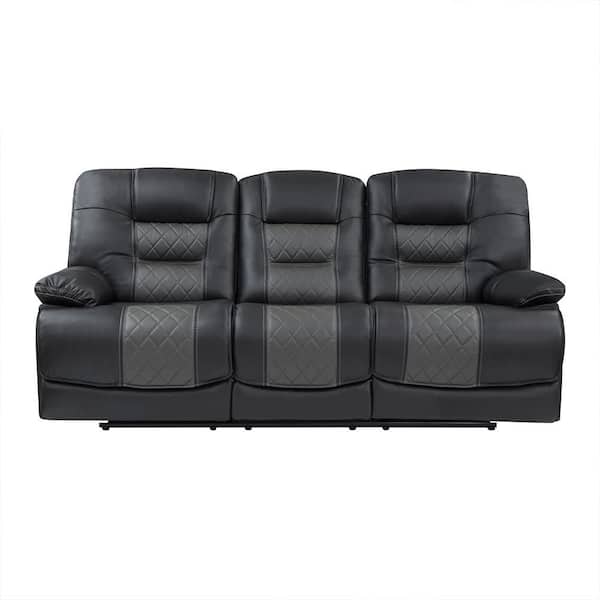 Caelan 88 in. W Straight Arm Faux Leather Rectangle Manual Reclining Sofa w/ Center Drop-Down Cup Holders in 2-Tone Gray