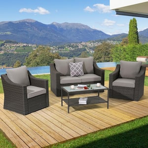 4-Pieces PE Rattan Wicker Conversation Sofa Sets with Gray Cushions