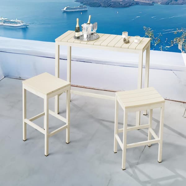 LUE BONA 3-Piece 45 in. Beige Outdoor Dining Table Set Aluminum Outdoor Bar Set HDPS Top With Bar Stools for Balcony